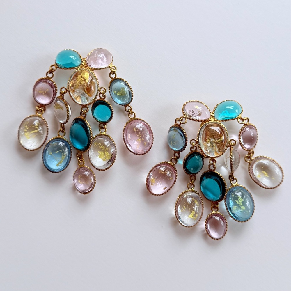 Vintage French Gripoix Poured Glass Chandelier Earrings Pink Blue Gold Leaf Foil